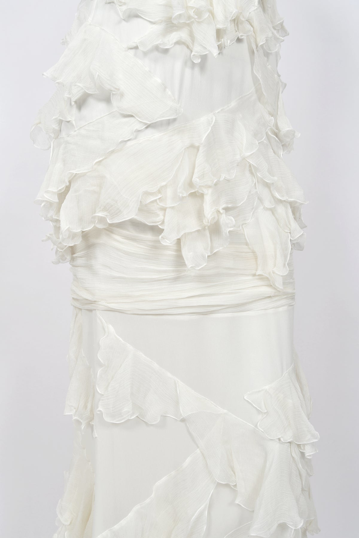 2006 John Galliano Ivory Tiered Ruffle Sheer Silk Chiffon Pearl Straps Bias-Cut Slip Gown