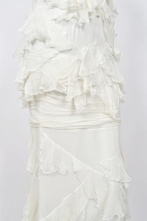 2006 John Galliano Ivory Tiered Ruffle Sheer Silk Chiffon Pearl Straps Bias-Cut Slip Gown