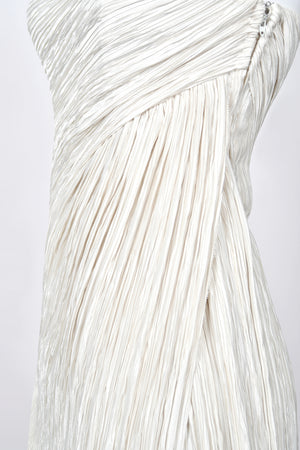 1983 Mary McFadden Ivory Heavily Pleated Asymmetric One-Shoulder Draped Goddess Gown