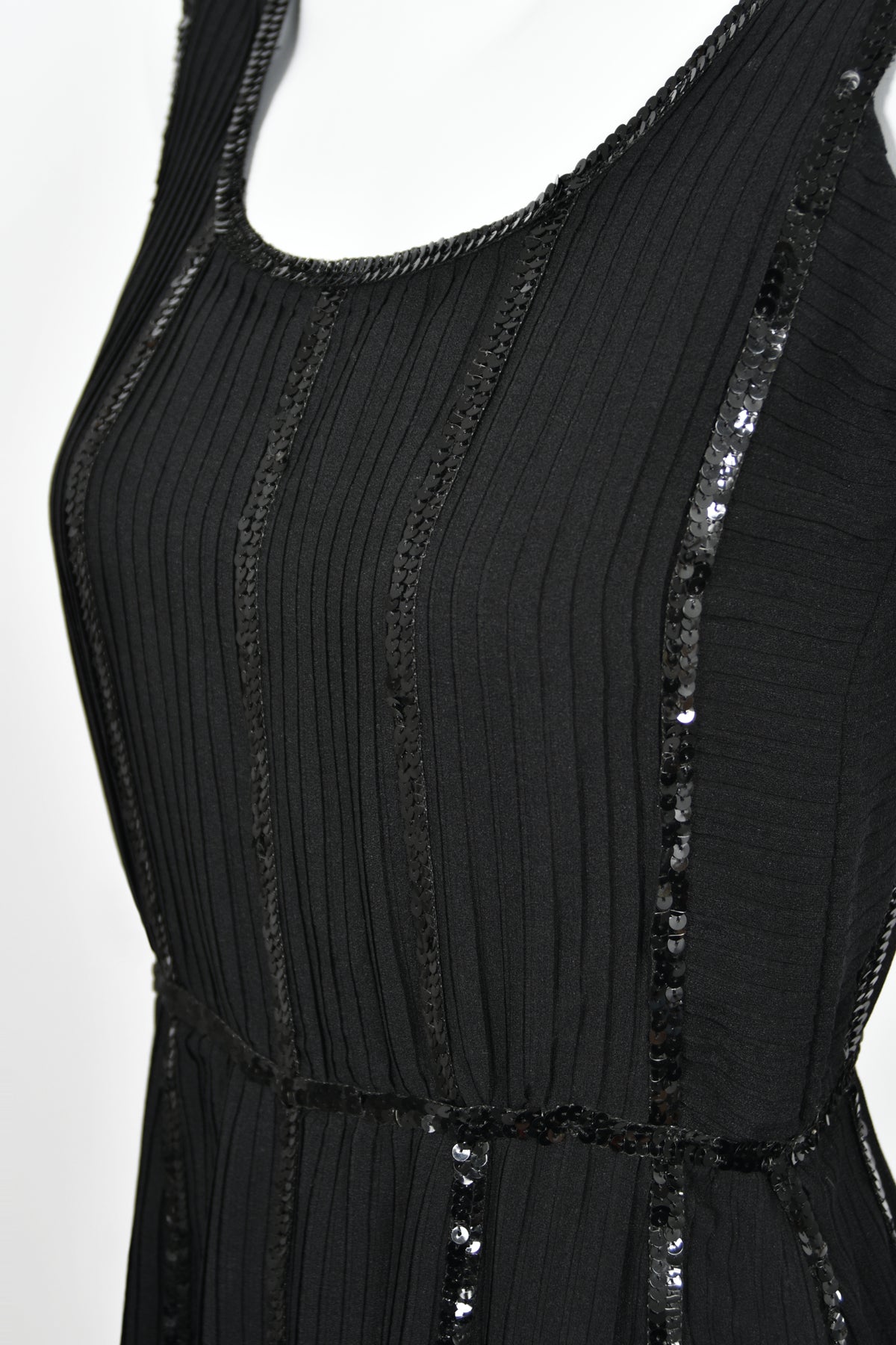 1983 Chanel by Karl Lagerfeld Sequin Pleated Black Silk Crepe High-Low Gown w/ Matching Jacket