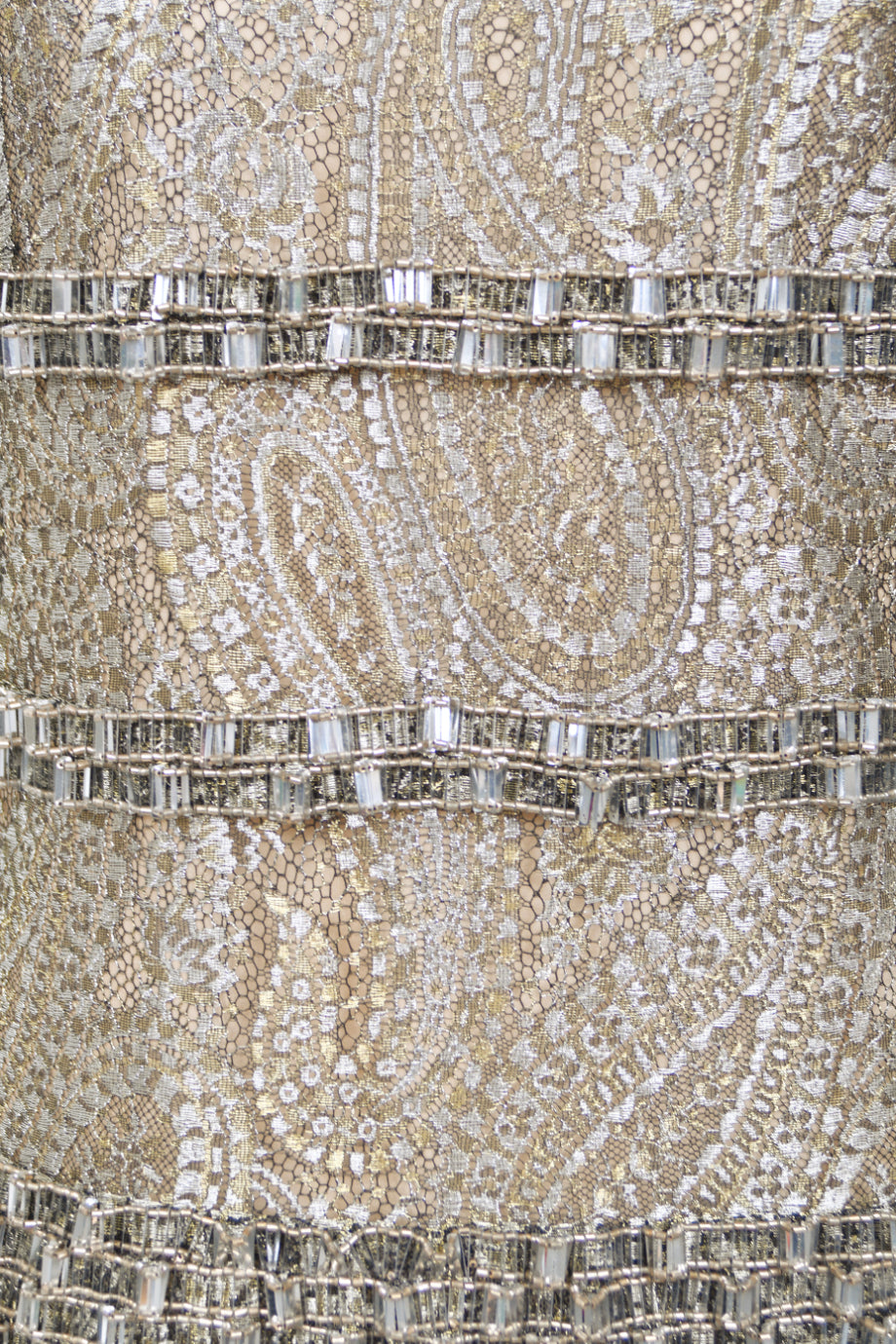 2012 Chanel by Karl Lagerfeld Runway Crystal Beaded Sheer Silver &amp; Gold Lace Dress