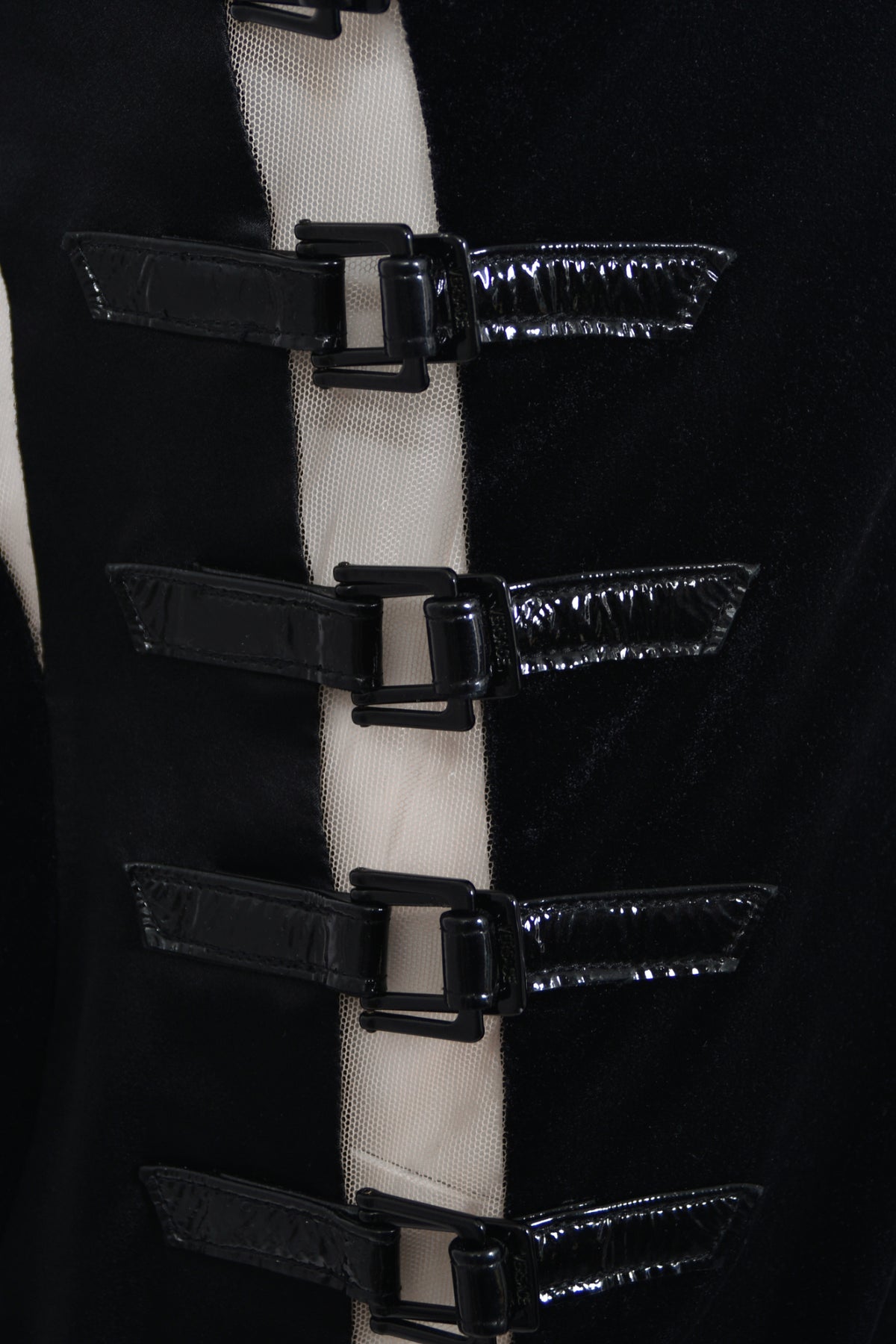 2004 Versace Runway Black Silk & Velvet Sheer-Illusion Buckle Trimmed High Slit Gown
