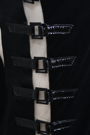 2004 Versace Runway Black Silk & Velvet Sheer-Illusion Buckle Trimmed High Slit Gown
