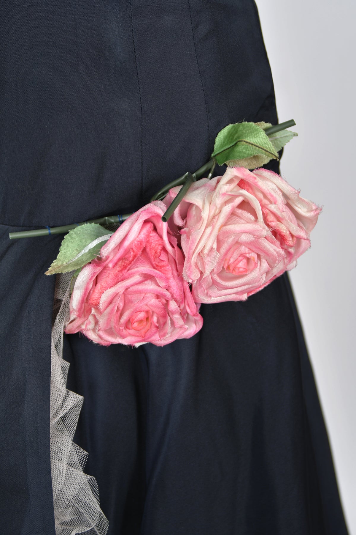 1950's Don Miguel of California Navy Silk &amp; Blush Pink Tulle Ruffle Shelf-Bust Strapless Dress