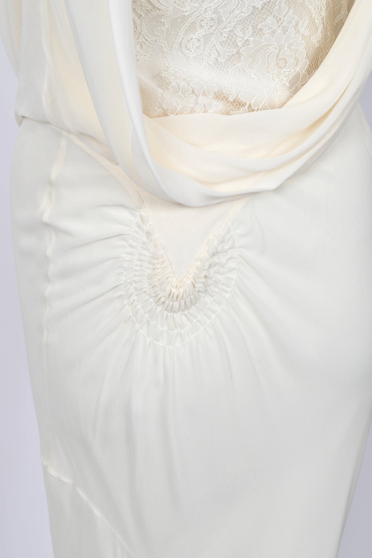 2005 John Galliano Ivory Sheer Silk Chiffon &amp; Chantilly Lace Draped Halter Bias-Cut Gown