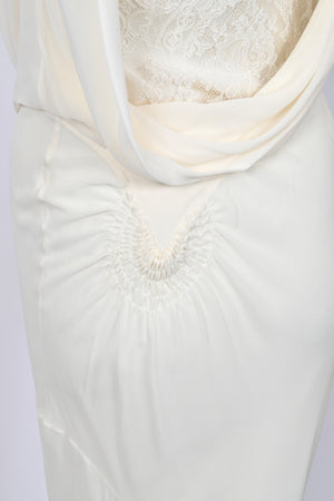 2005 John Galliano Ivory Sheer Silk Chiffon & Chantilly Lace Draped Halter Bias-Cut Gown
