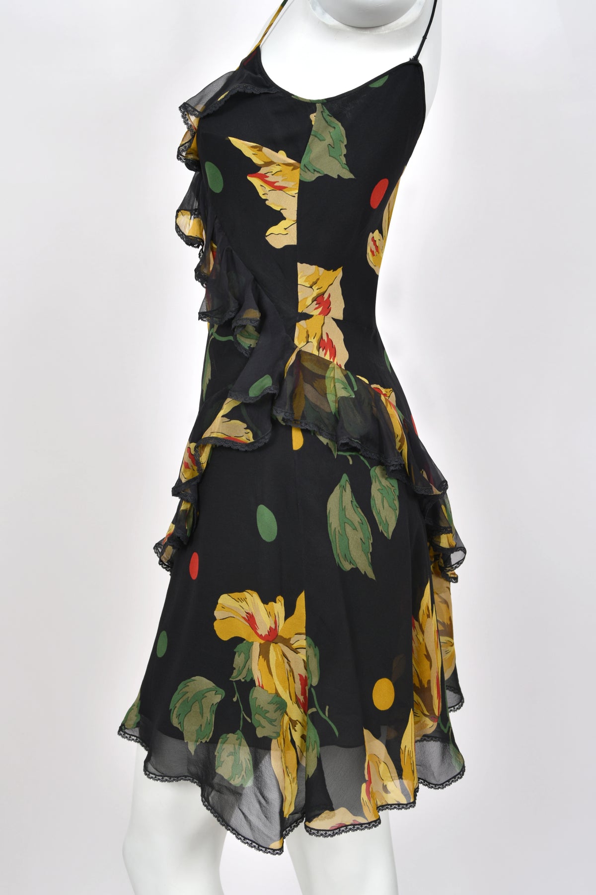 2004 John Galliano Large Scale Deco Floral Chiffon & Lace Bias-Cut Slip Dress