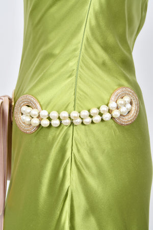 2005 Valentino Runway Chartreuse Silk Draped-Pearls Reverse Halter Glamour Gown