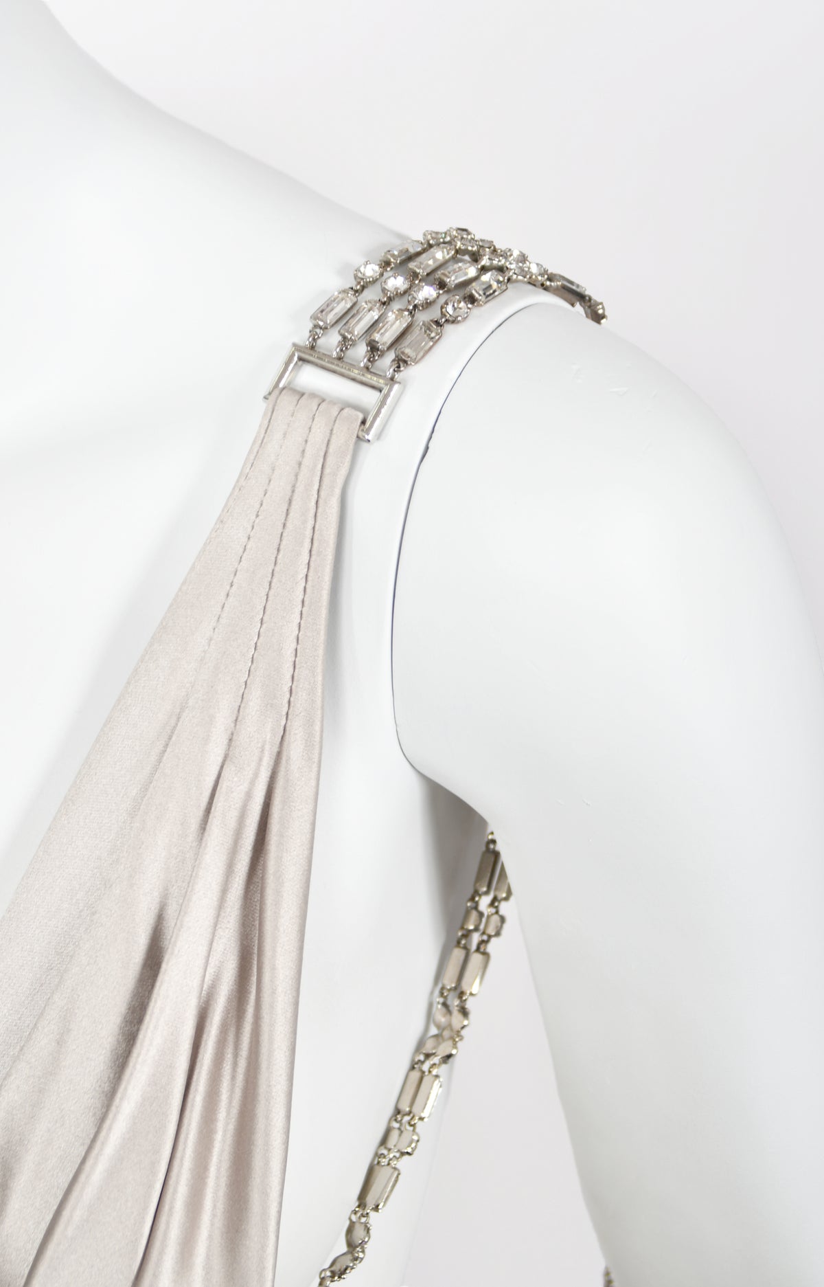 2006 Dsquared2 Platinum Silk Jeweled Backless Trained Glamour Gown