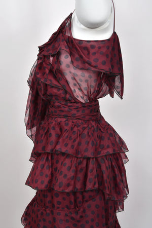 2011 Nina Ricci Editorial Burgundy & Black Polka-Dot Silk Tiered Ruffle Trained Gown w/ Tags