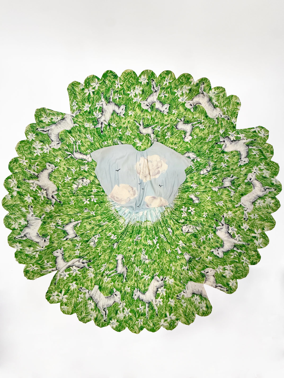 1942 Gilbert Adrian Iconic 'Gamboling Lambs' Scenic Print Scalloped Patio Dress