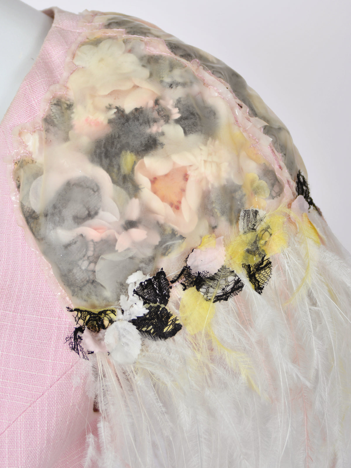 2013 Chanel by Karl Lagerfeld Runway Sample Pink Linen Floral Appliqué &amp; Feathers Dress