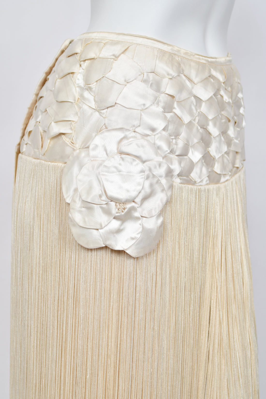 1950&#39;s Ivory Floral Appliqué Silk Bustier Crop Top &amp; Matching Fringe Skirt Set