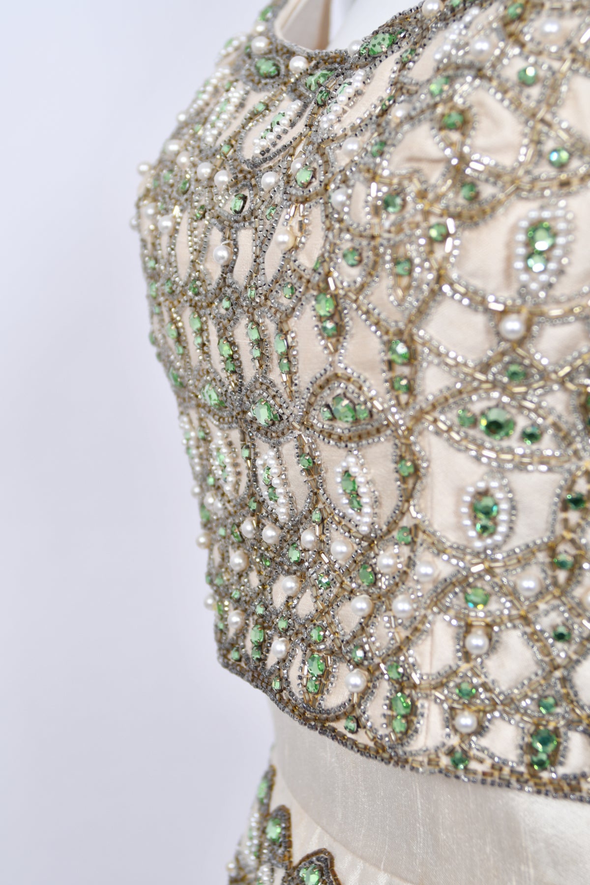 1960&#39;s British Crown Colony Beaded Rhinestone Ivory Silk Crop Top Column Gown