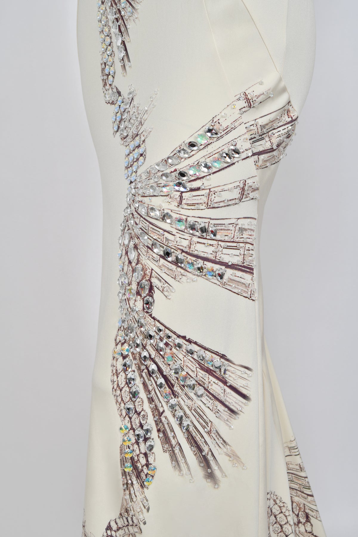 2002 Roberto Cavalli Runway Ivory Jeweled Stretch Silk Trained &#39;Cindy Crawford&#39; Gown