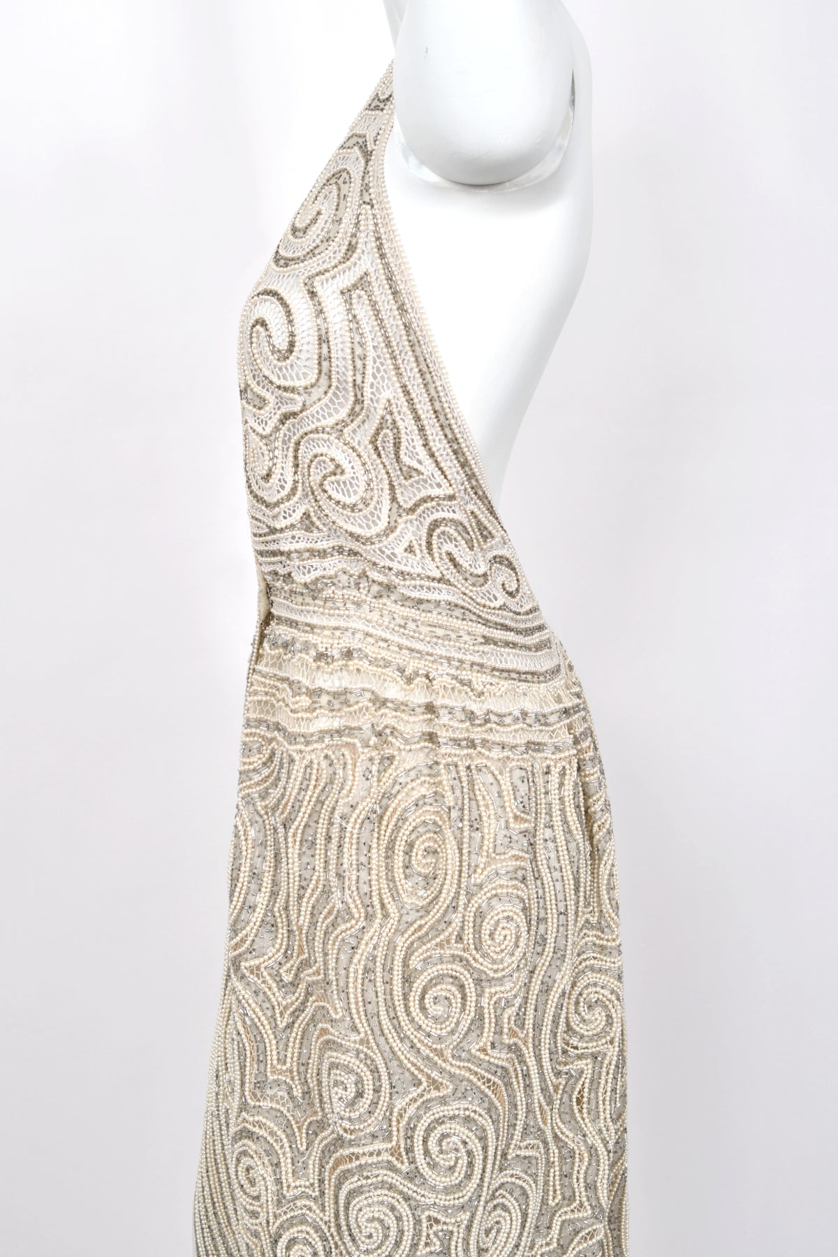 1982 Halston Runway Beaded Sheer Illusion Champagne Lace Backless Halter Wrap Gown