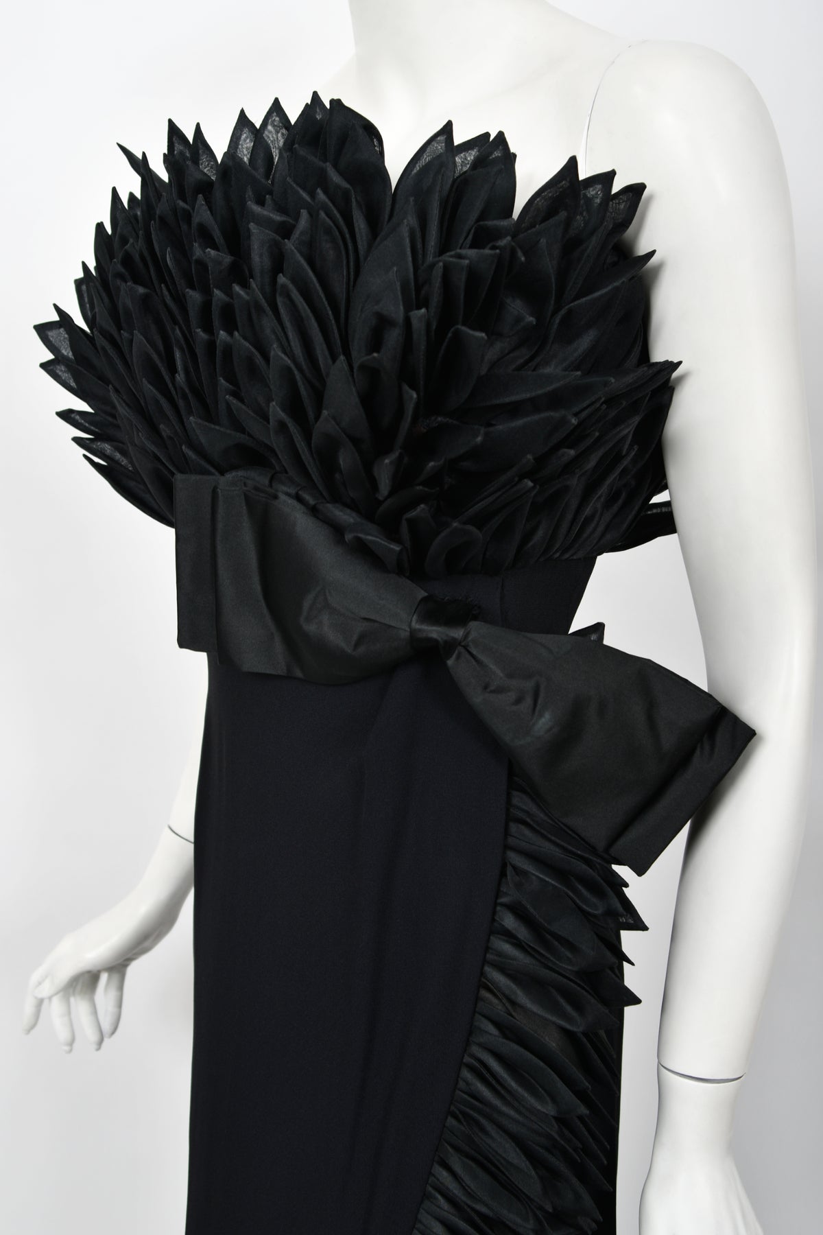 1959 Hall Ludlow Couture Museum-Held Black Silk Appliquéd Petals Hourglass Gown