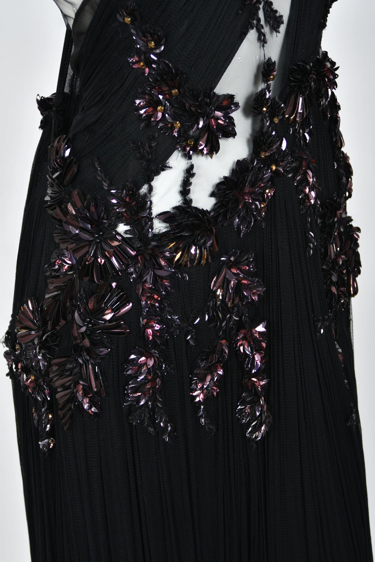 2012 Gucci Runway Editorial Heavily Embellished Sequin Sheer Black Pleated Tulle Gown