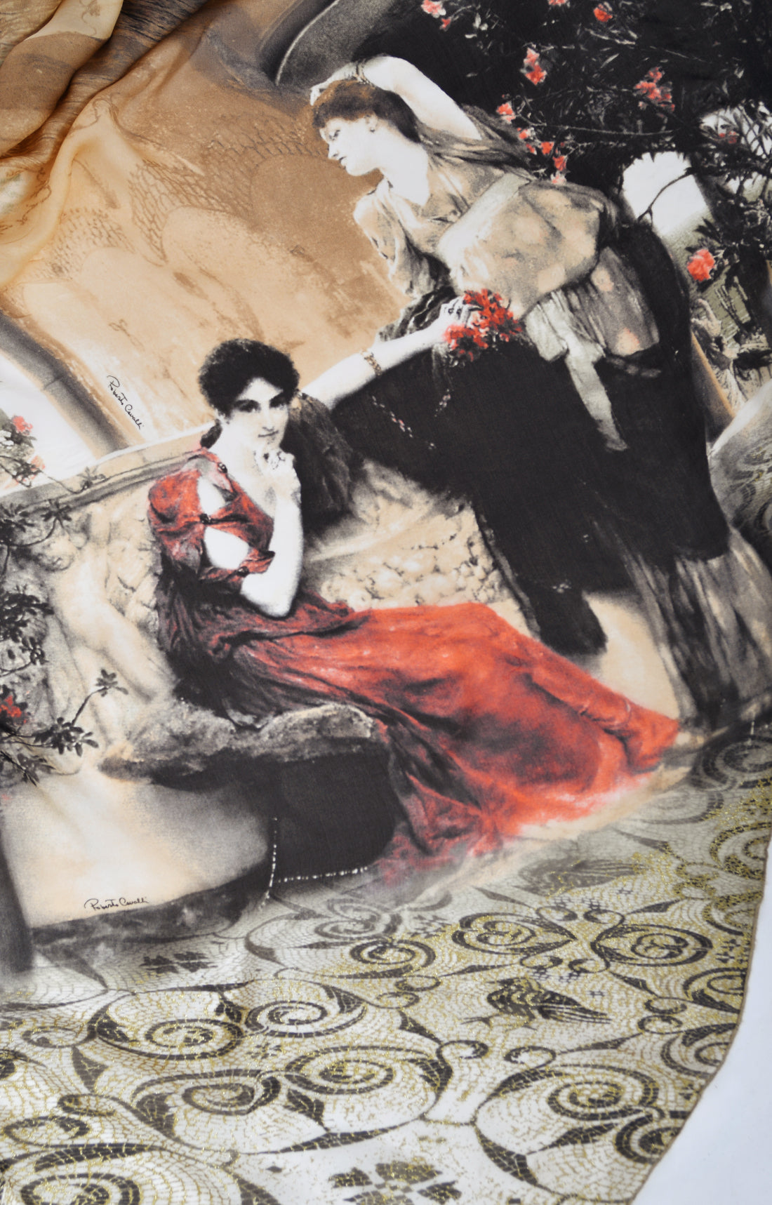 2004 Roberto Cavalli Runway Look 27 Metallic Silk &#39;Lady Print&#39; Cut-Out Gown