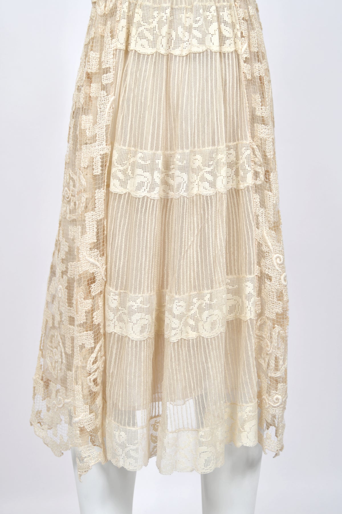 1920's French Cream Heavily Embroidered Deco Motif Filet Lace & Sheer Net Tea-Length Dress