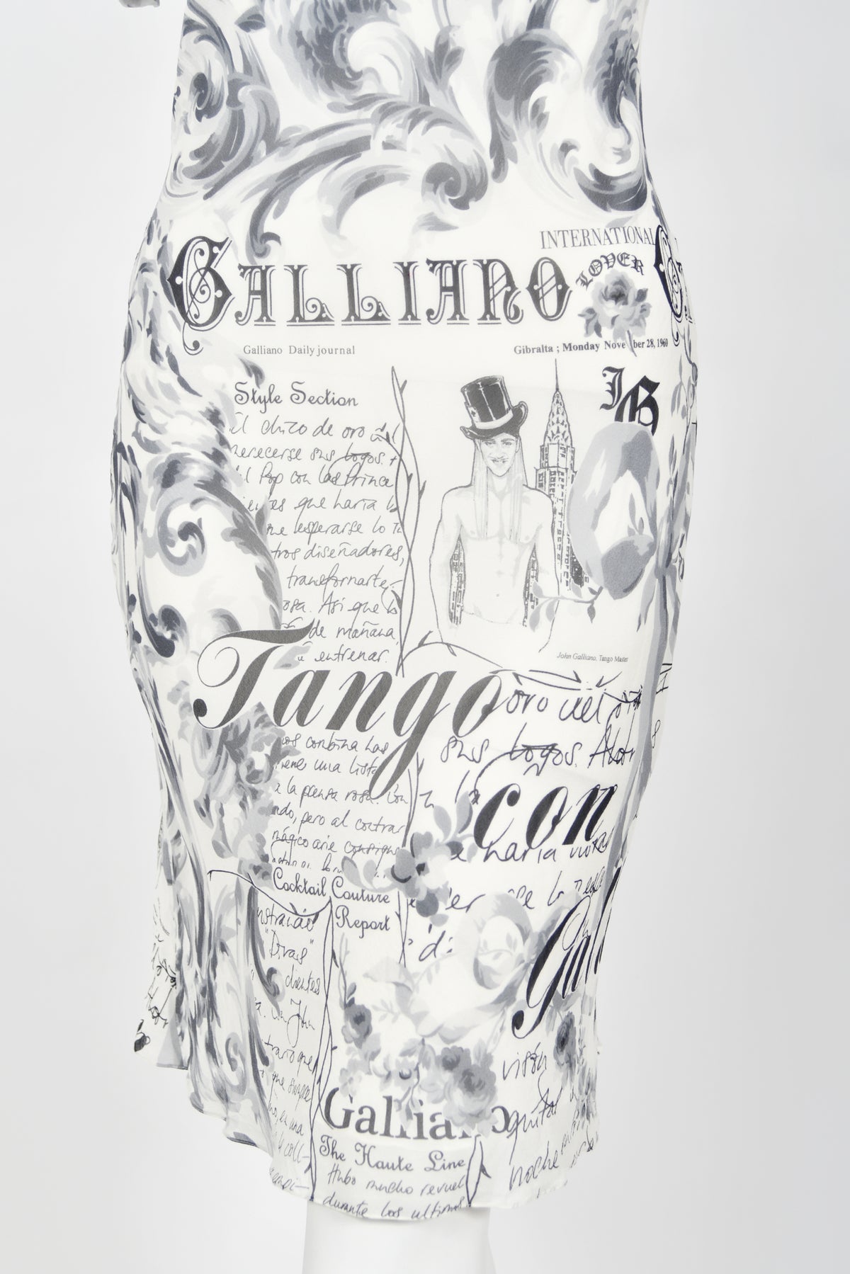 2006 John Galliano Documented Newspaper Print Silk Chiffon Bias-Cut Slip Dress