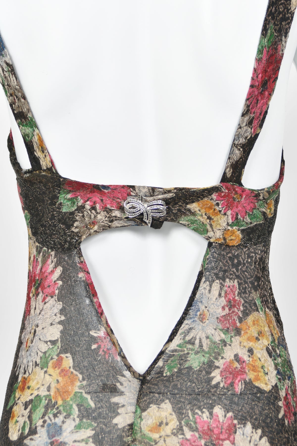 1930&#39;s Colorful Metallic Floral Motif Lamé Cut Out Back Hourglass Bias-Cut Gown