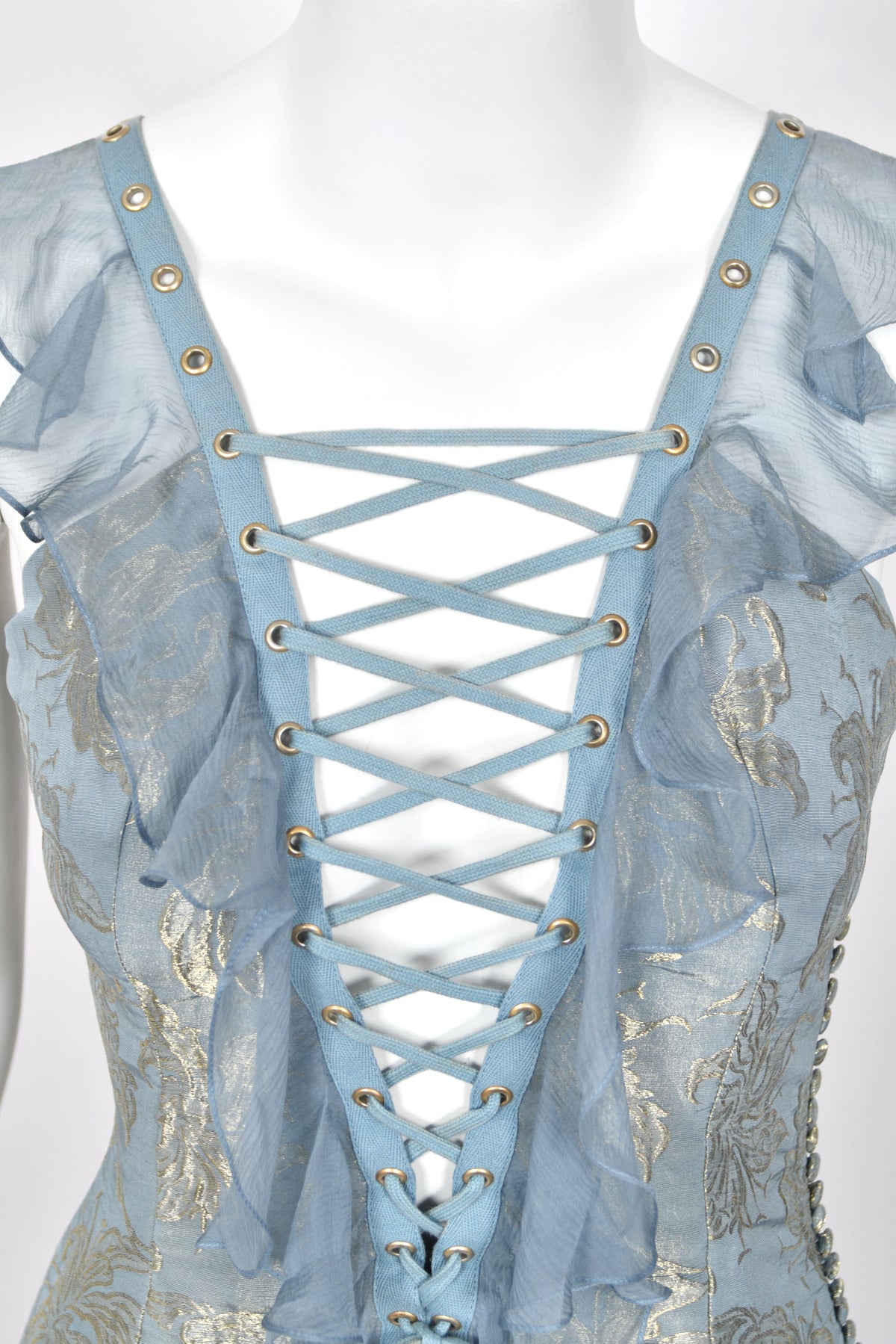 2003 Christian Dior by John Galliano Metallic Powder Blue Floral Silk Brocade Lace Up Bias-Cut Gown