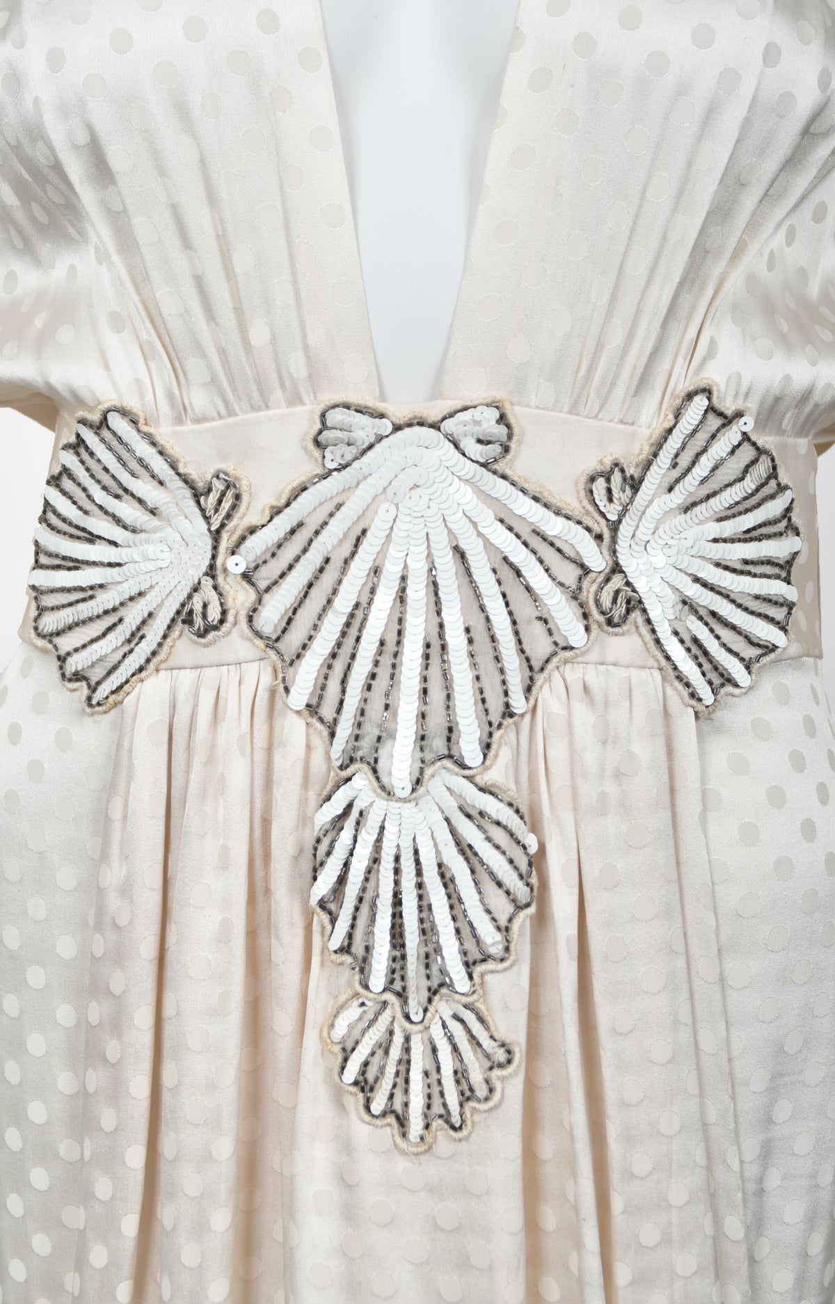 1974 Thea Porter Couture Beaded Sequin Seashells Ivory Silk Billow-Sleeve Trained Gown