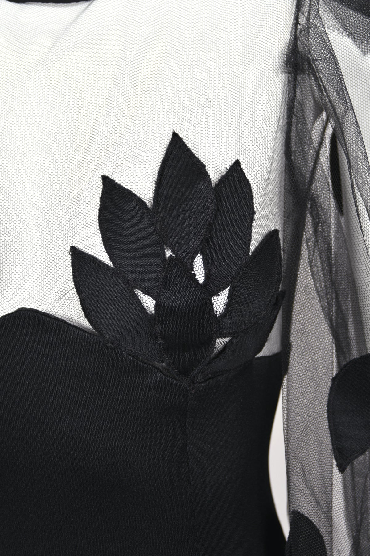 1979 Loris Azzaro Black Silk Jersey Sheer Illusion Petal Motif Billow-Sleeve Gown