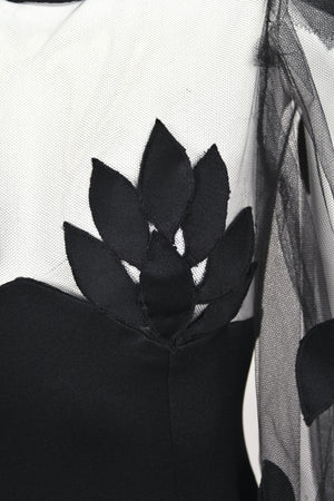 1979 Loris Azzaro Black Silk Jersey Sheer Illusion Petal Motif Billow-Sleeve Gown
