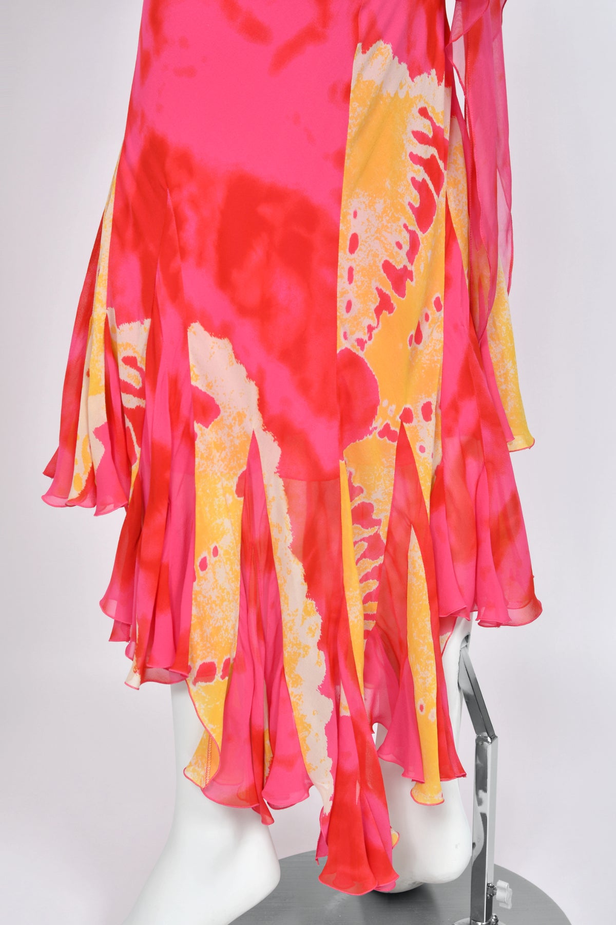 2003 Christian Dior by John Galliano Tie-Dye Pink Yellow Print Silk Cropped Blouse & Bias-Cut Skirt