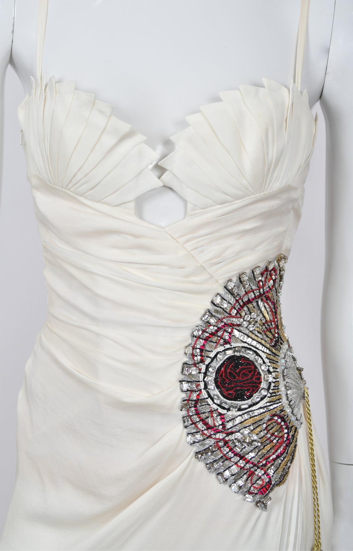 2006 Roberto Cavalli Embellished Ivory Silk Sculptural High-Slit Finale Gown