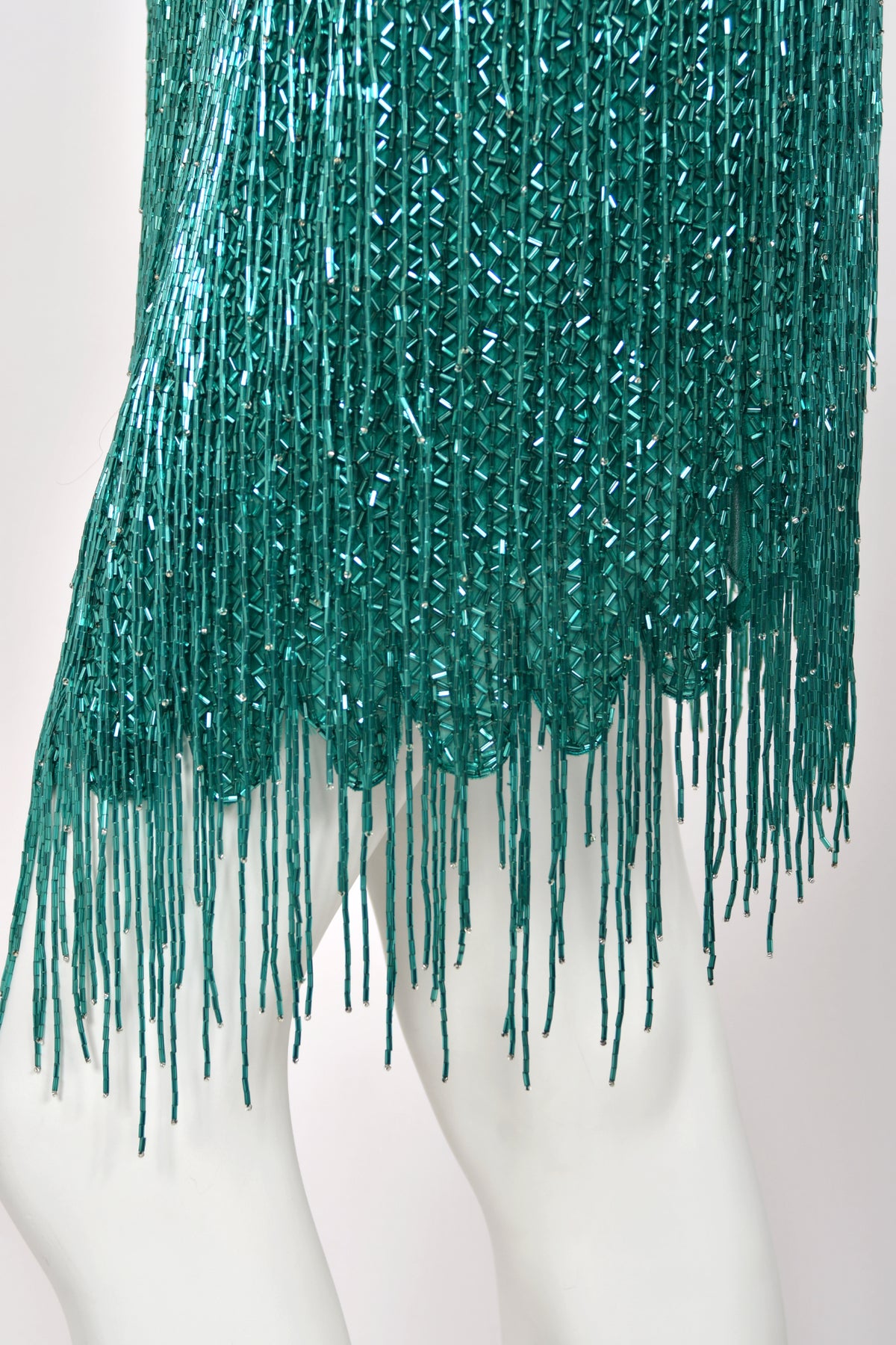1990 Bob Mackie Teal-Green &amp; Black Beaded Fringe Backless Cocktail Dress