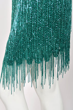 1990 Bob Mackie Teal-Green & Black Beaded Fringe Backless Cocktail Dress