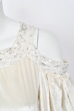 1930's Beaded Ivory Silk-Velvet Cut Out Shoulders Bias-Cut Old Hollywood Gown