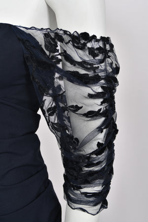 2004 Christian Dior by John Galliano Navy Stretch Silk Sheer-Sleeves Hourglass Dress