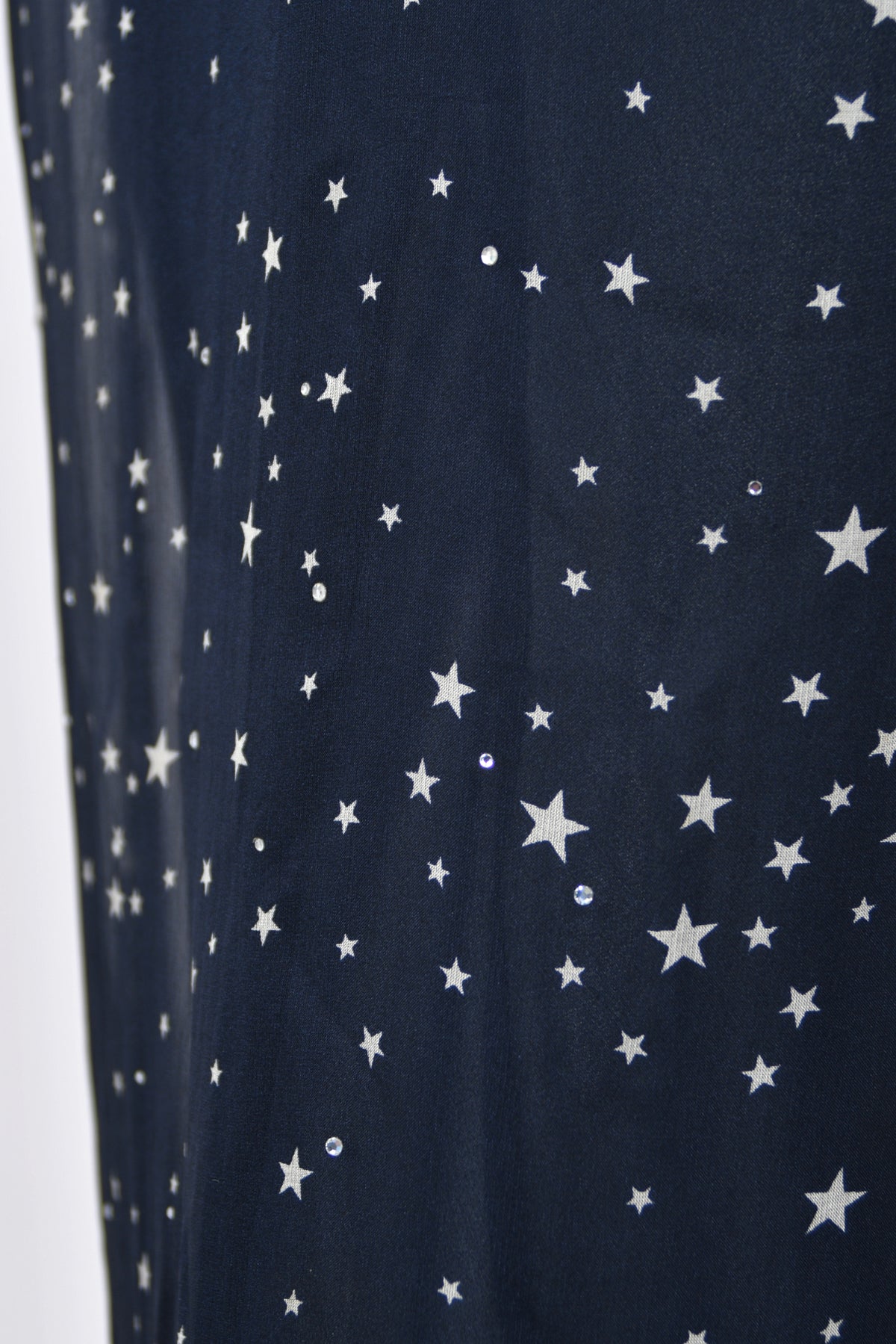 1998 Moschino Runway Navy Blue Sheer Silk Chiffon Star Motif Rhinestone Maxi Slip Dress