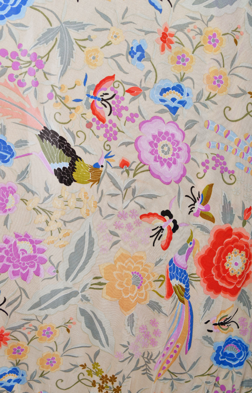 1971 Missoni Couture Colorful Floral Bird Print Silk-Jersey Caftan Gown