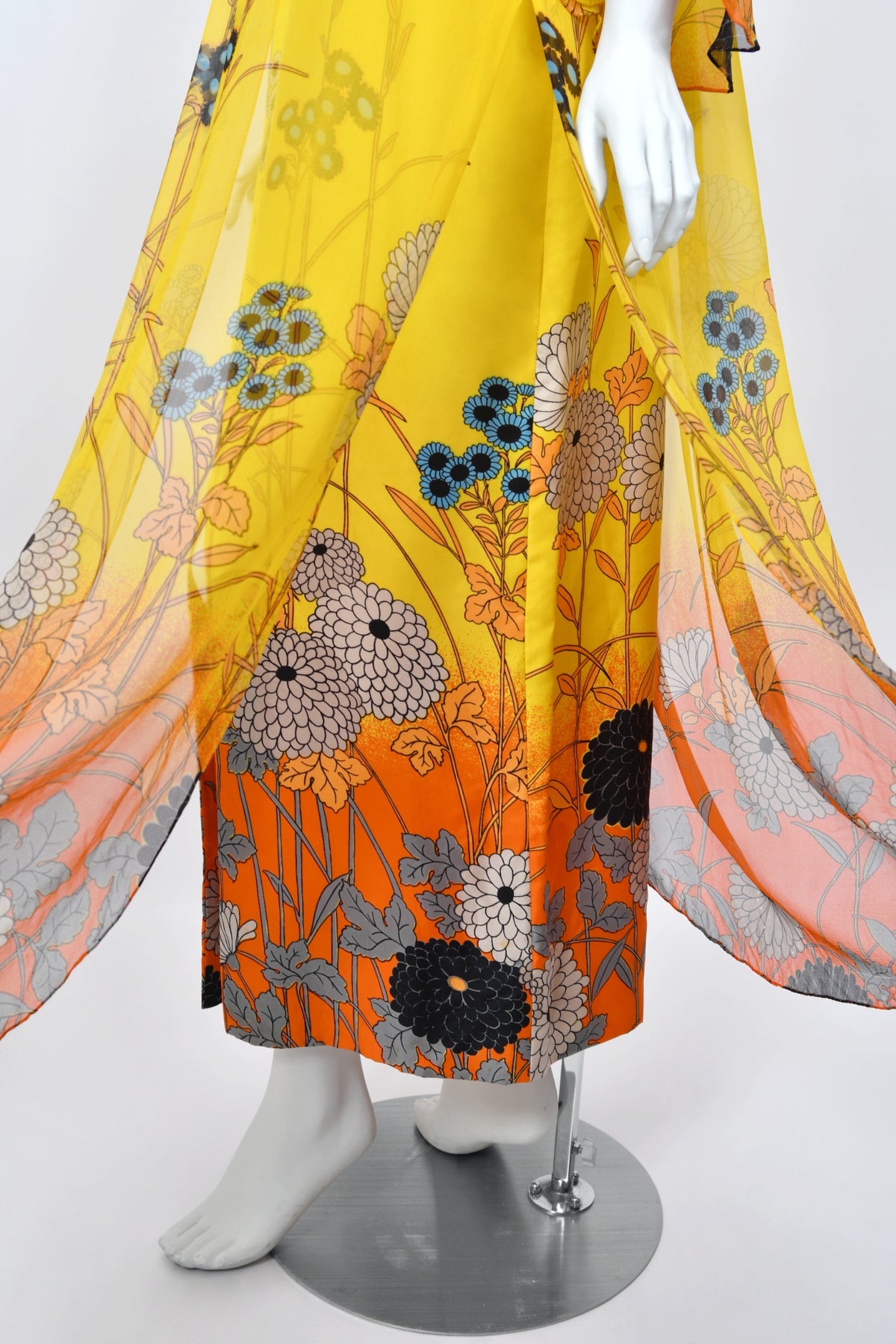 1972 Hanae Mori Couture Vogue Editorial Sunset Ombrè Floral Silk Gown & Matching Sheer Jacket