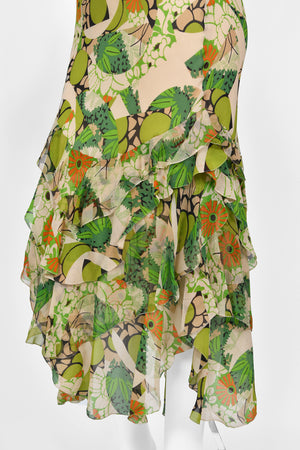 2005 John Galliano Green & Beige Floral Print Silk Tiered Ruffle Bias-Cut Dress