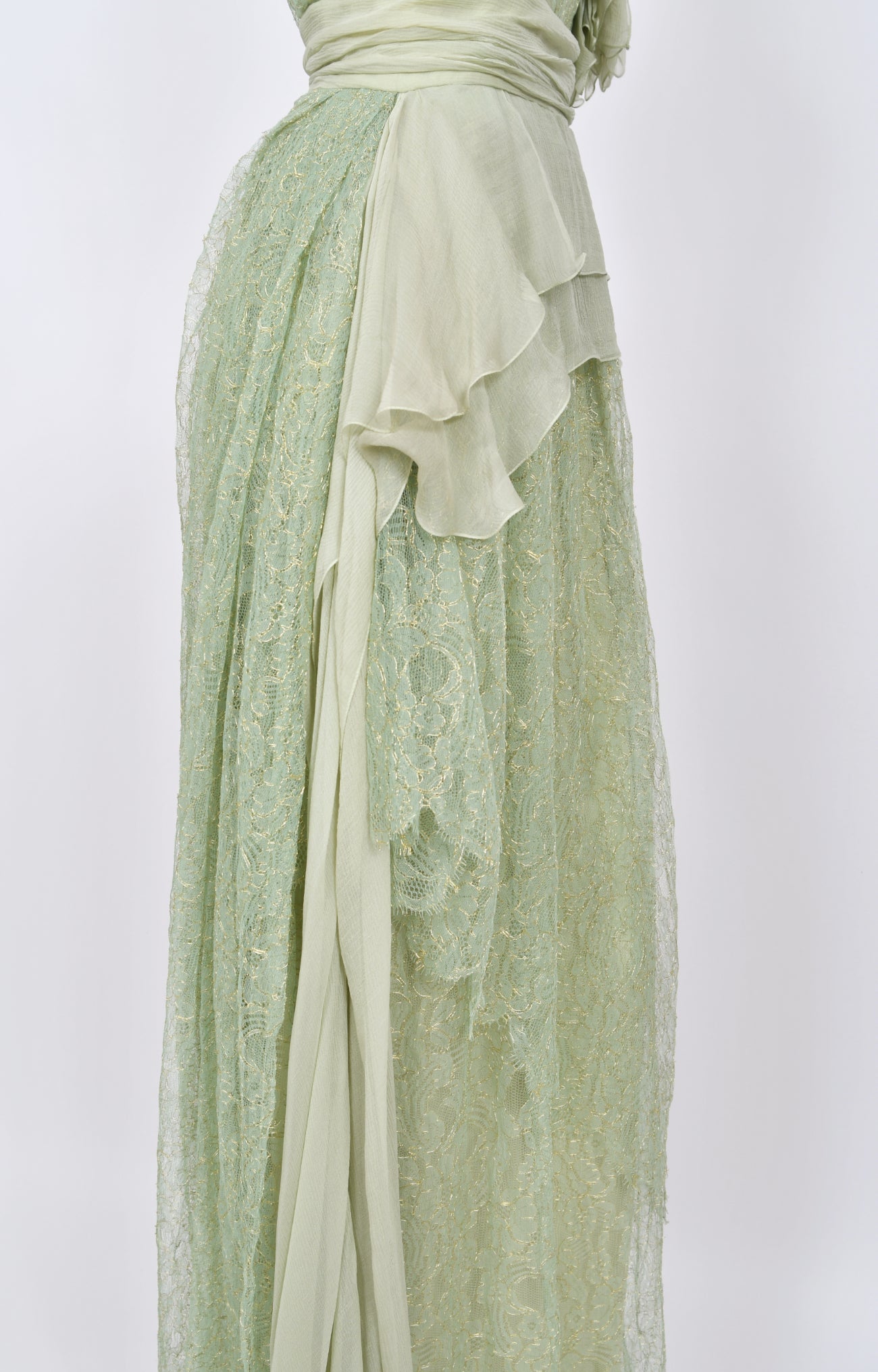 Vintage 2007 John Galliano Metallic Mint-Green Lace & Sheer Silk Tiered Ethereal Gown w/Tags - Timeless Vixen Vintage 2007 John Galliano Metallic Mint-Green Lace & Sheer Silk Tiered Ethereal Gown w/Tags - Timeless Vixen