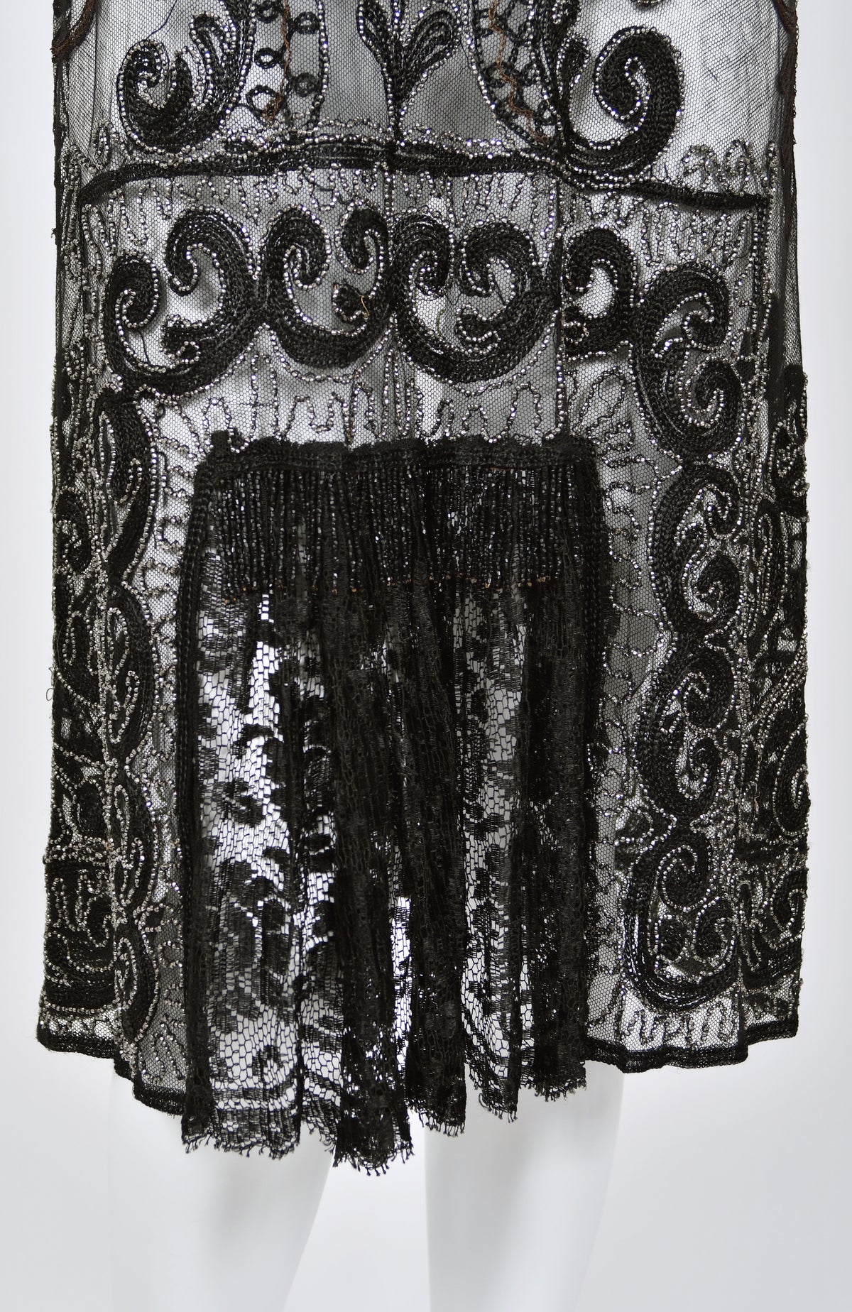 1920&#39;s Embroidered Black Sheer Mixed-Lace Beaded Art Deco Motif Dress