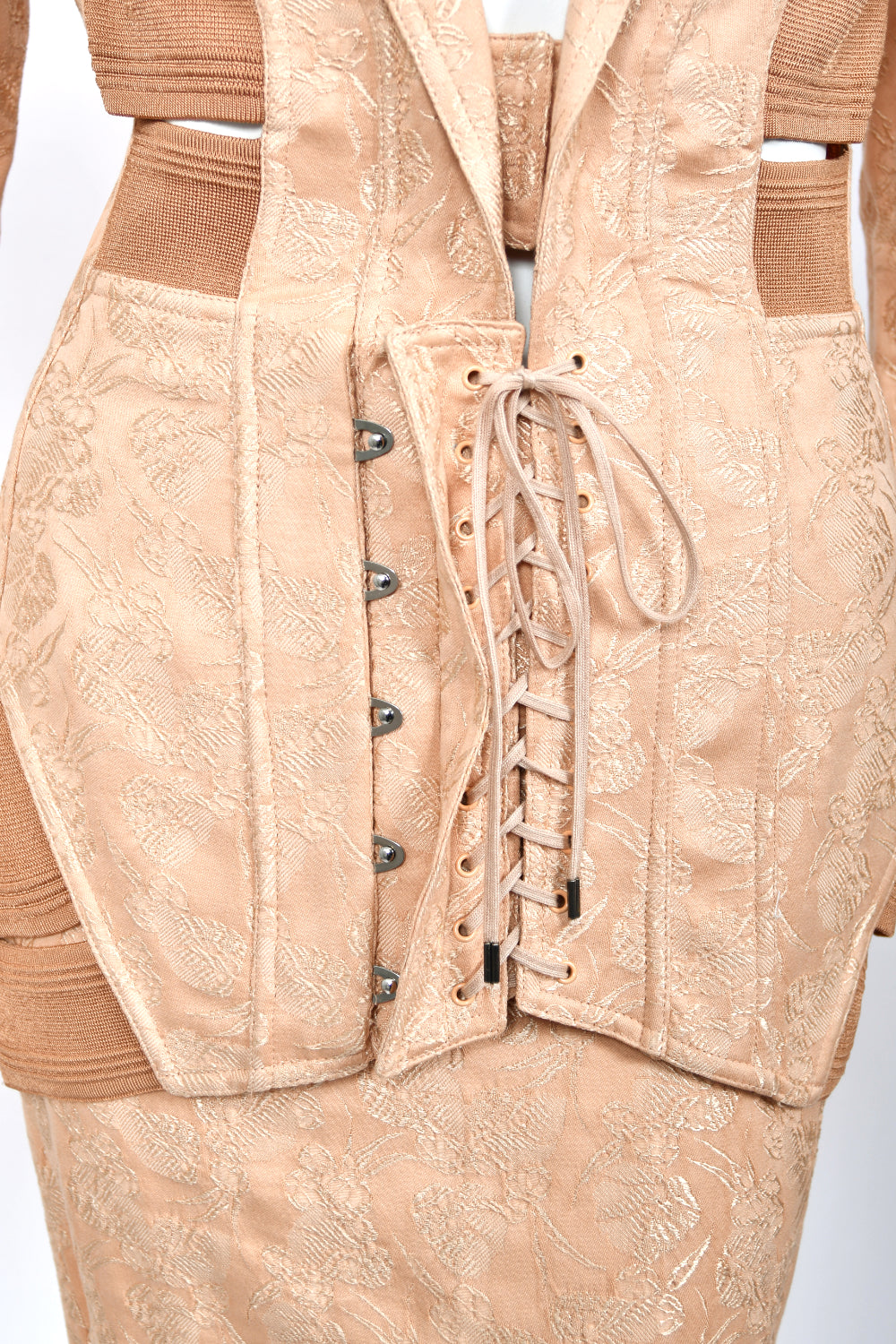 2004 Jean Paul Gaultier Runway Embroidered Blush Pink Corset Jacket & Matching Skirt