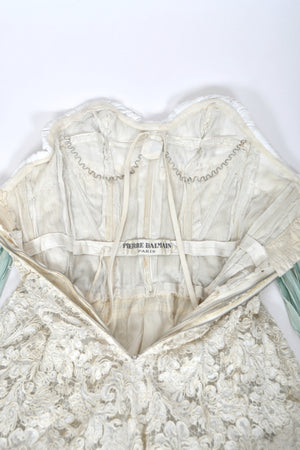1956 Pierre Balmain Haute Couture Ivory French Lace Strapless Bustier Full-Skirt Dress
