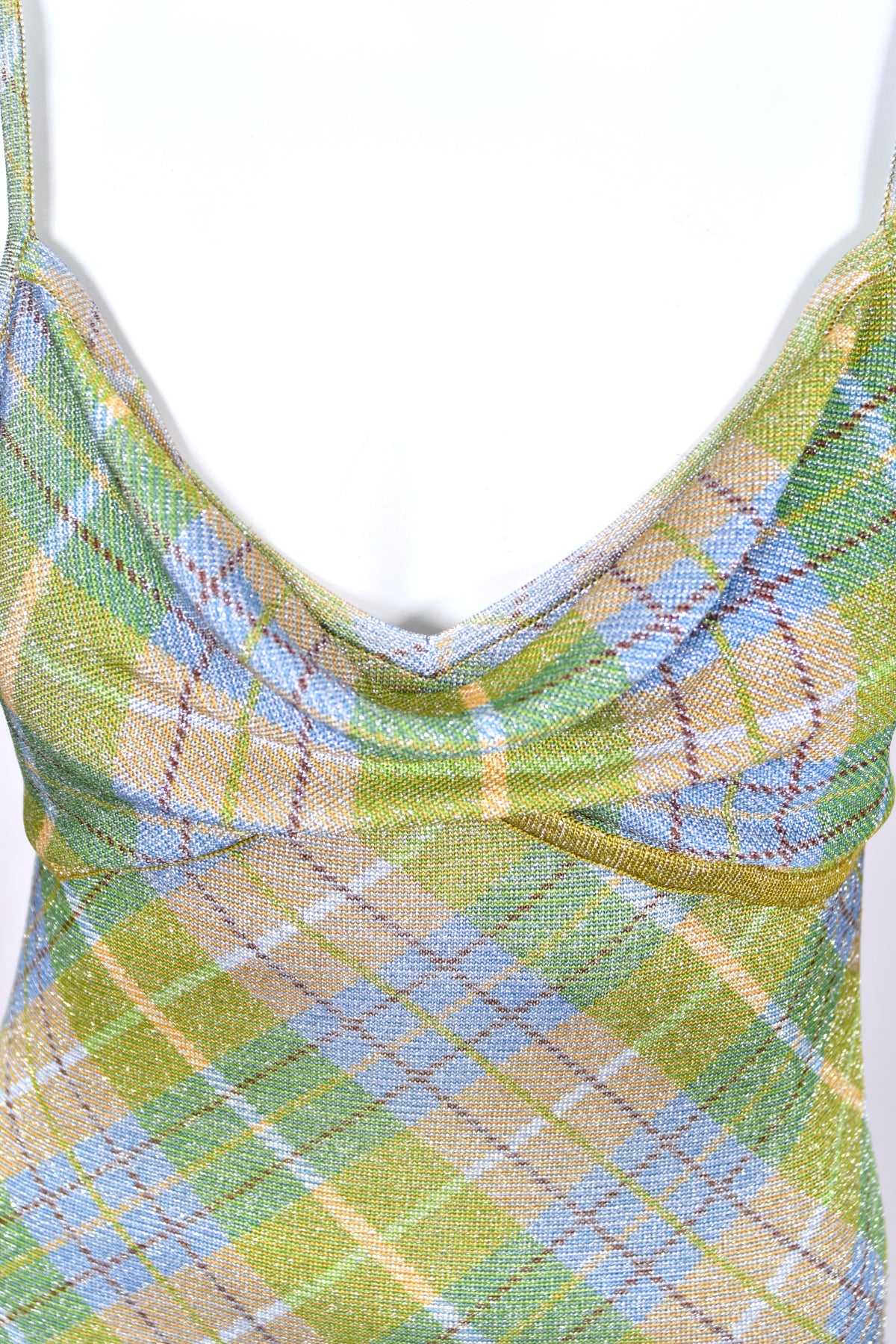 2000 John Galliano Metallic Plaid Lurex Knit Bias-Cut Maxi Dress w/ Matching Cardigan