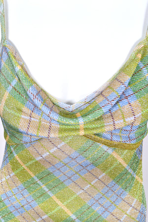 2000 John Galliano Metallic Plaid Lurex Knit Bias-Cut Maxi Dress w/ Matching Cardigan
