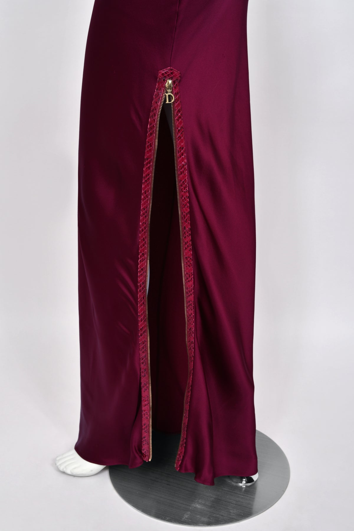 2001 Christian Dior by John Galliano Wine-Red Silk Snakeskin Zippers High Slit Bias-Cut Gown