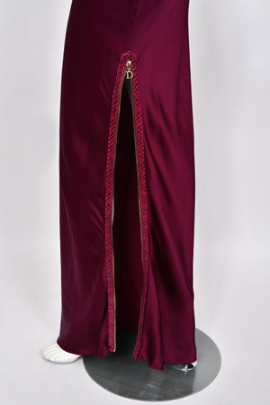 2001 Christian Dior by John Galliano Wine-Red Silk Snakeskin Zippers High Slit Bias-Cut Gown