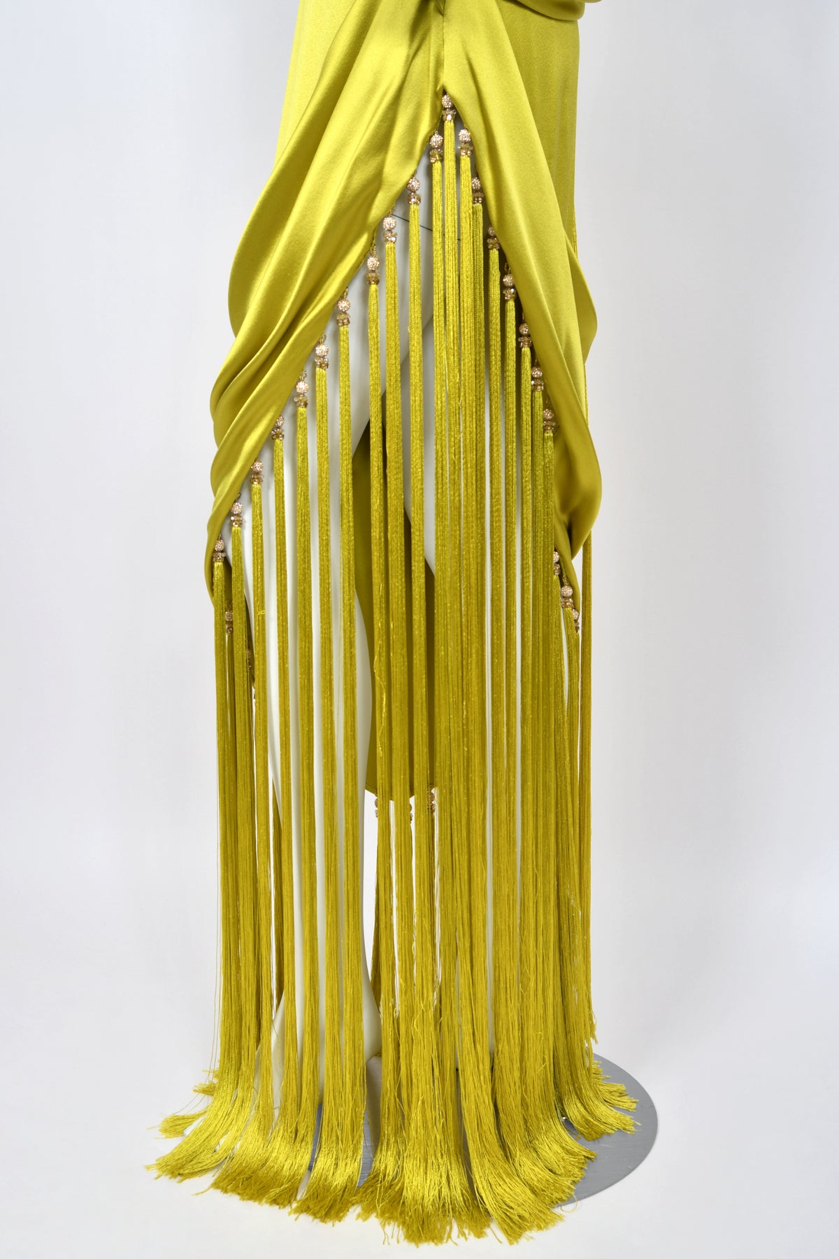 2018 Ralph & Russo Haute Couture Chartreuse Silk Satin Asymmetric Crystal Fringed Gown