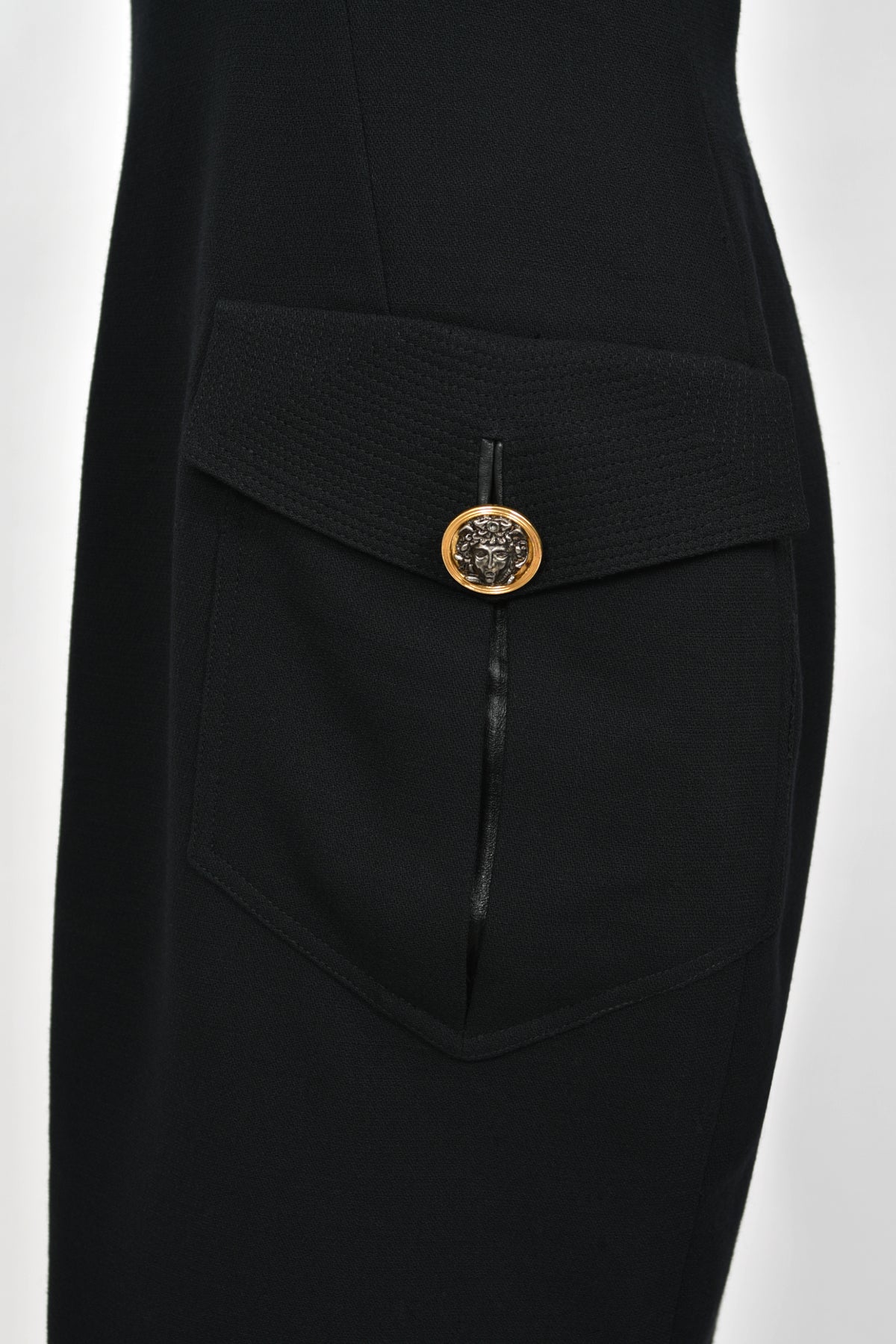 1992 Gianni Versace 'Miss S&M' Runway Collection Black Leather Bondage Wool Dress